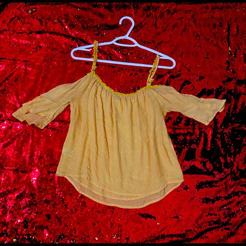 Yellow Cut out shoulder Pom Pom Blouse